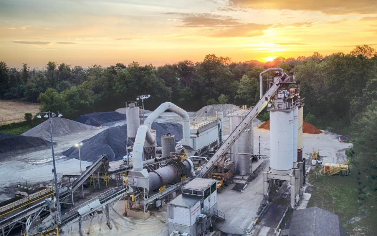 Drone view of an asphalt plant owned by David A. Bramble at sunset