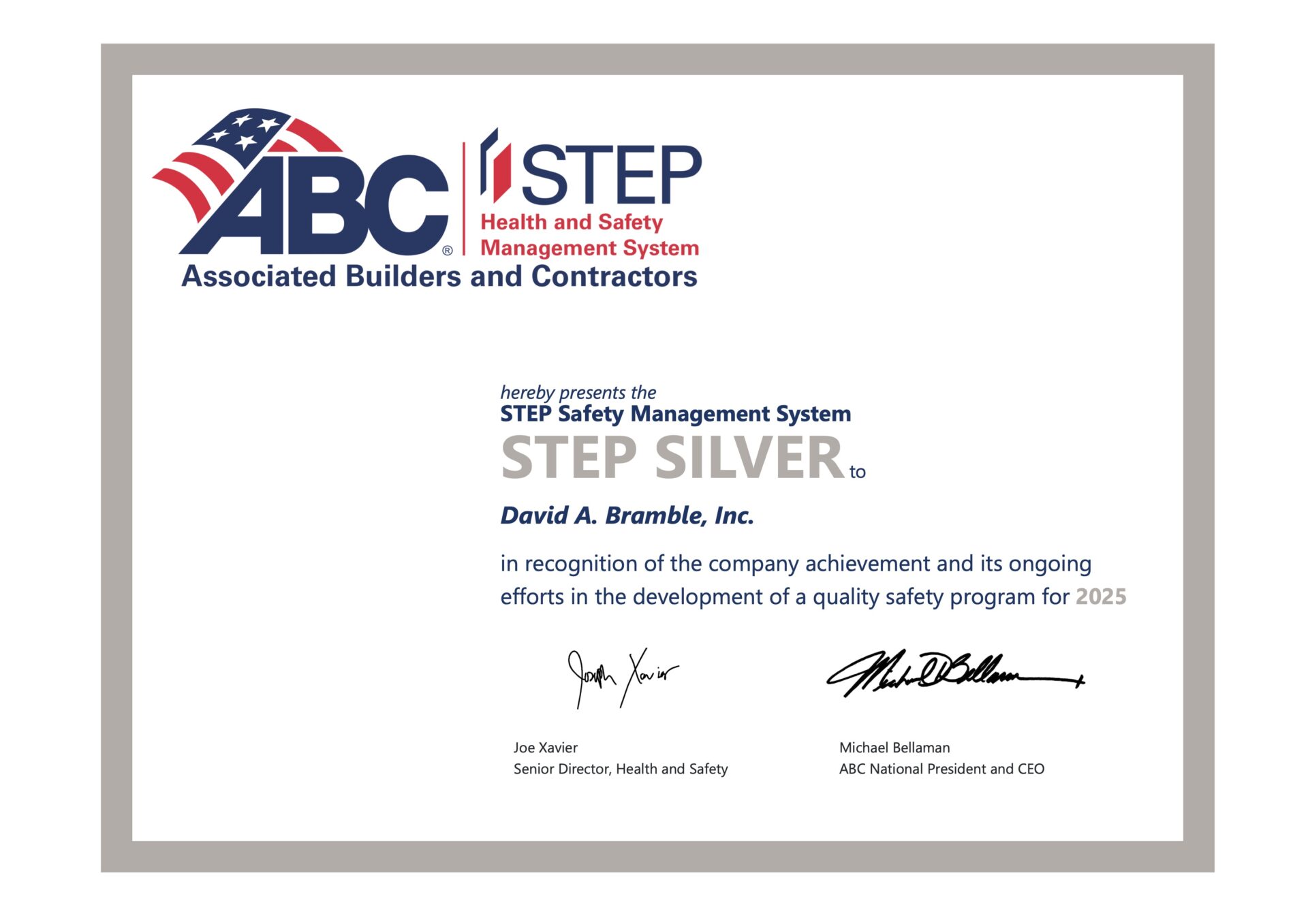 ABC STEP Award for David A Bramble, Inc